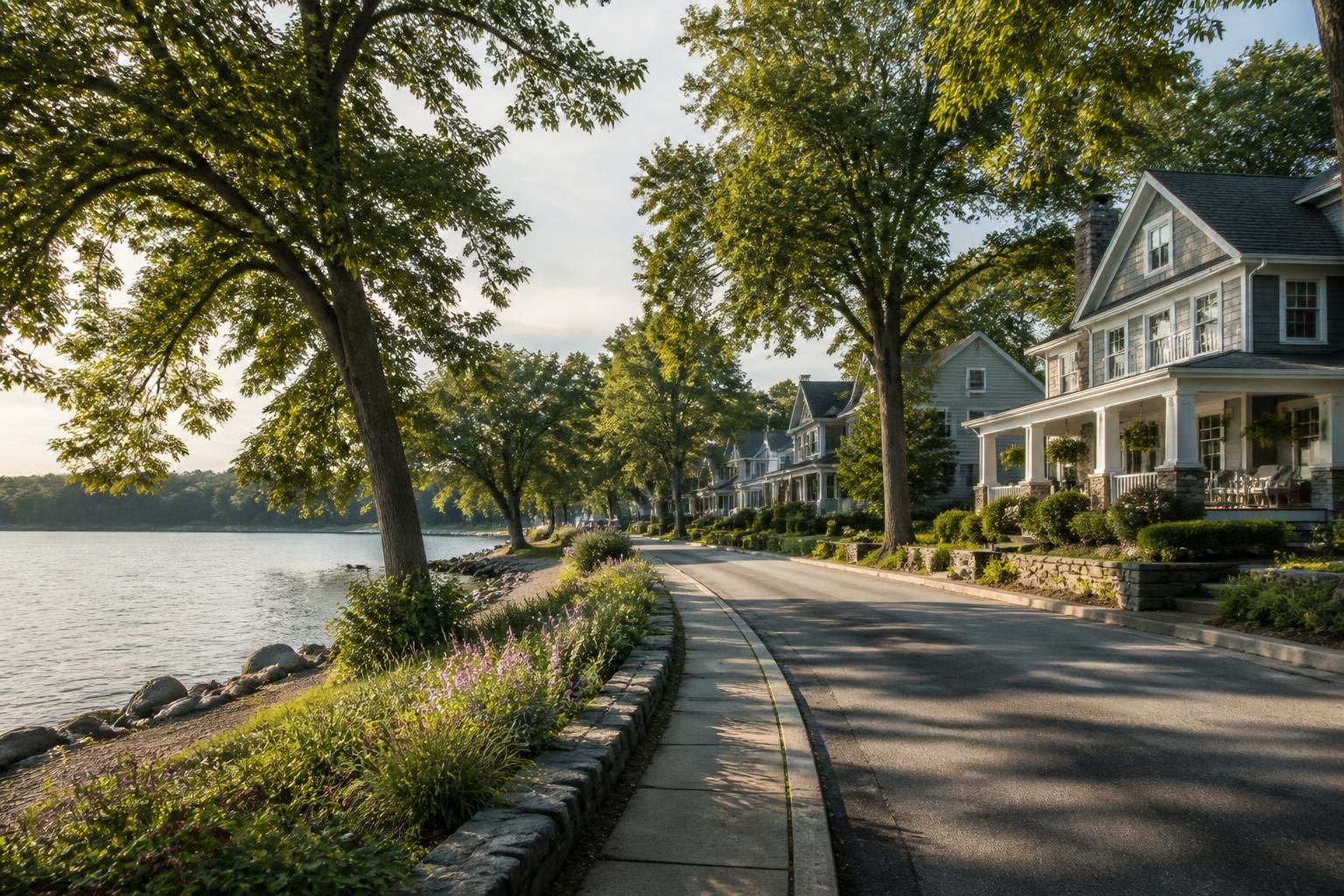 Tree-lined street with attractive homes and soft natural light