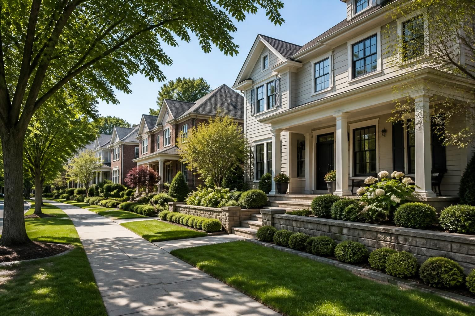 Upscale suburban street with polished homes and greenery