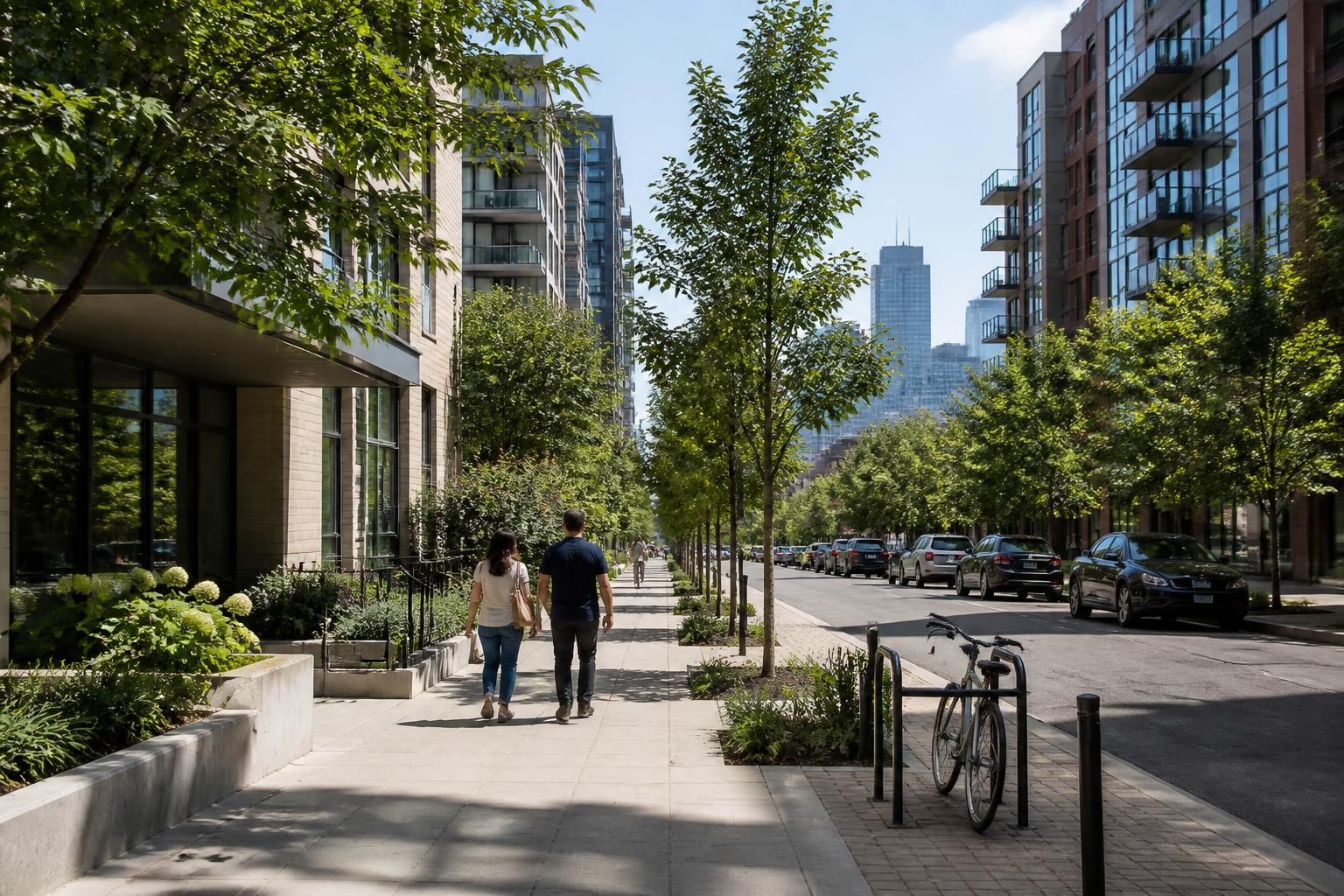 Urban neighborhood with modern buildings and street trees