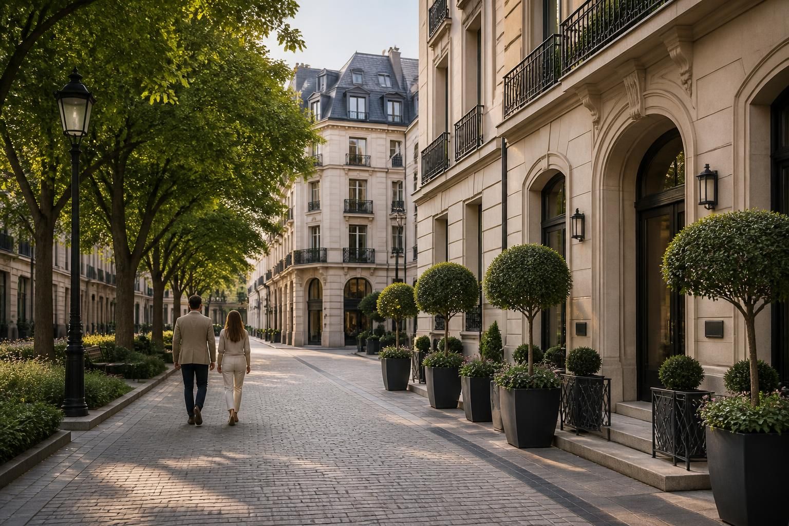 Refined urban district with elegant buildings and tree-lined streets