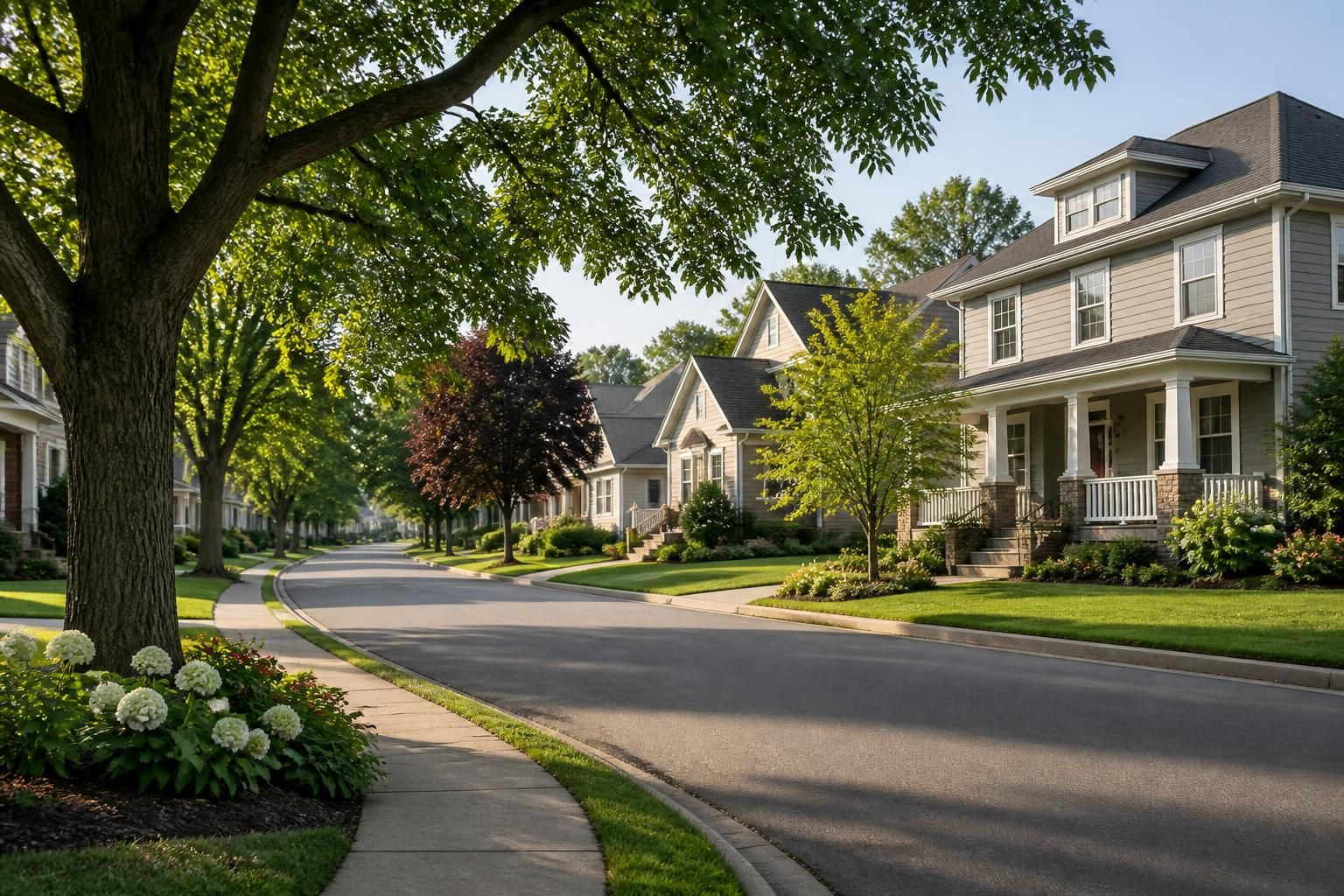 Tree-lined suburban neighborhood with well-kept homes