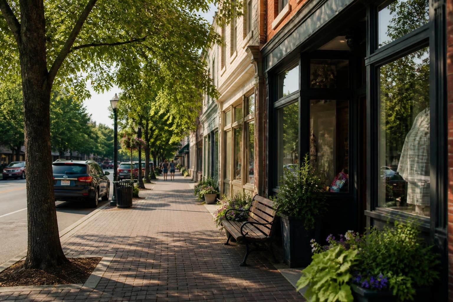 Small-town commercial street with tidy storefronts and trees