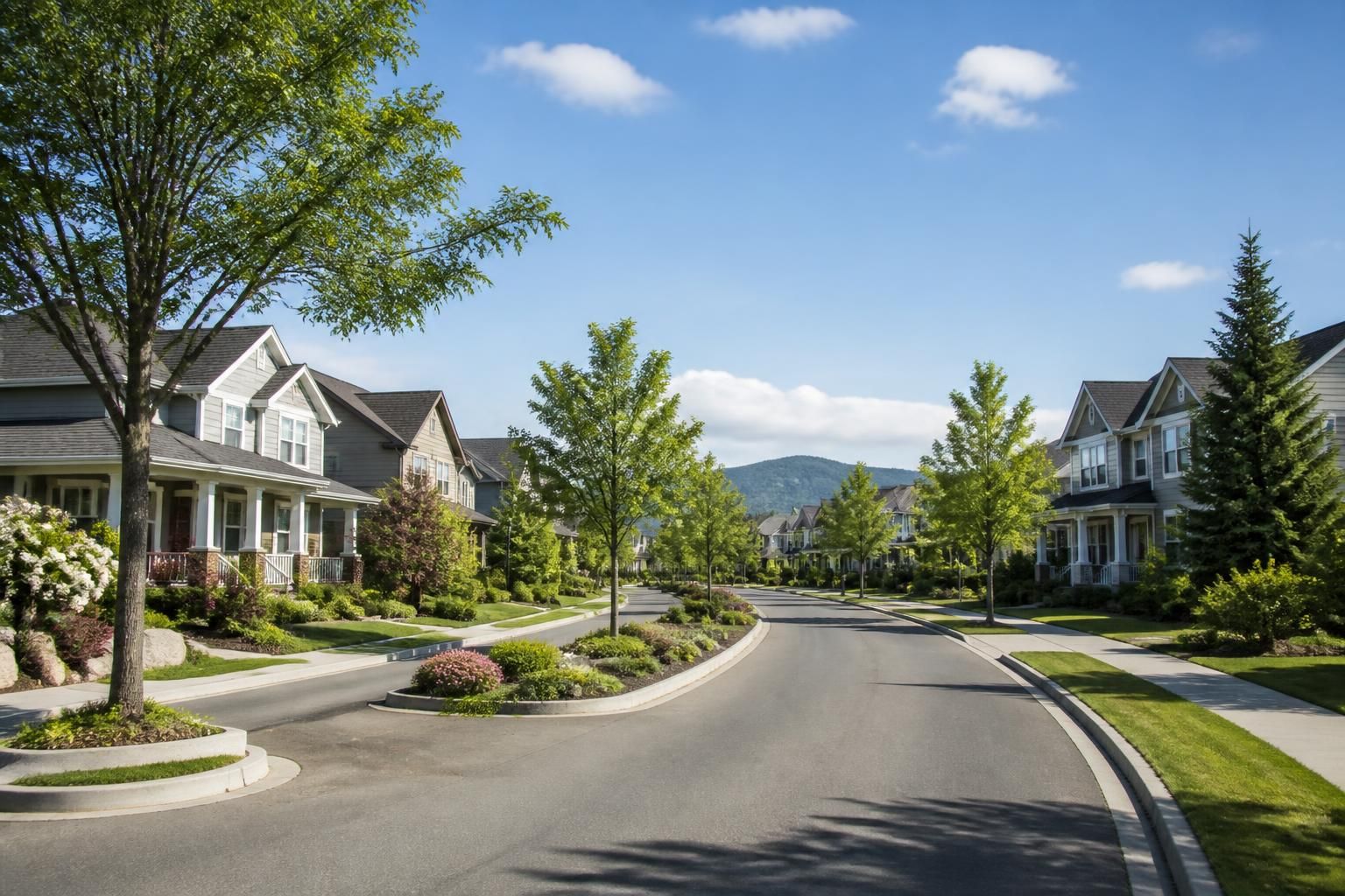 Clean suburban district with landscaped medians and homes