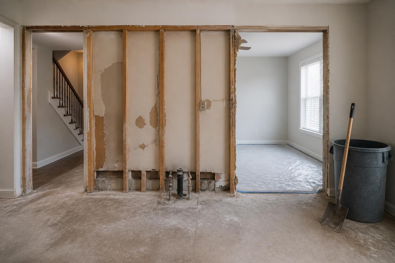 Partially opened interior space after light demolition