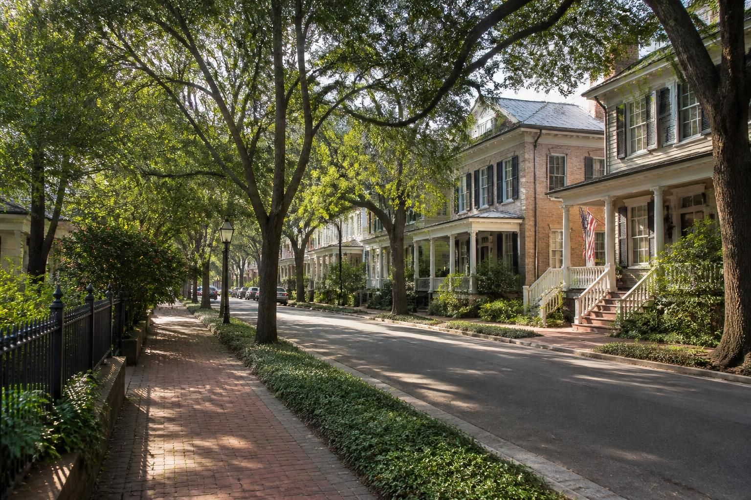 Historic neighborhood street with charming homes and mature trees