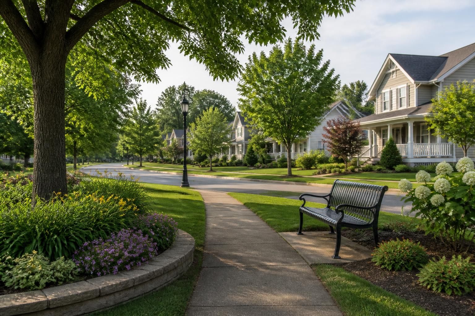 Quiet suburban street with manicured greenery