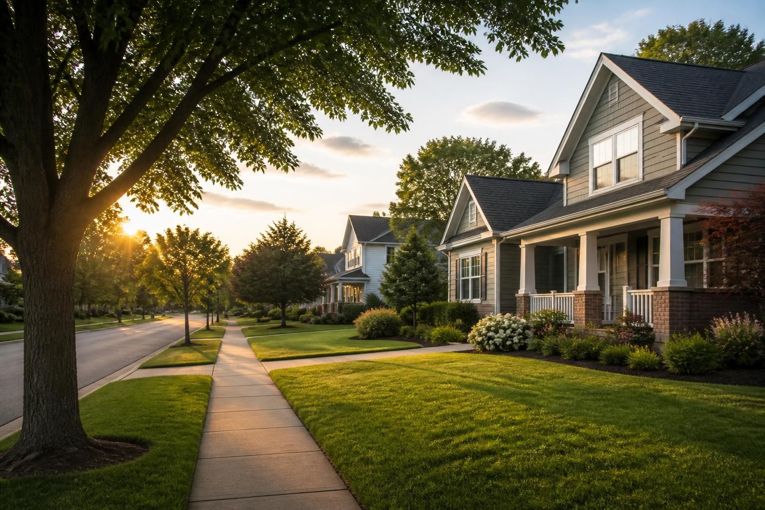 Suburban street with spacious lawns and tidy homes